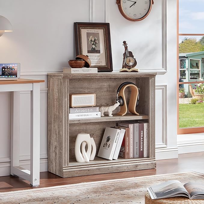 RWYHG 30" Grey Bookshelf,2-Tier Thick Wooden Book Shelf with Adjustable Shelves,Free Standing Farmhouse Bookcase with Open Display Storage,Floor Vintage Bookshelves for Living Room,Office