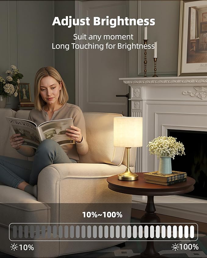 Battery Operated Lamp, 8000mAh, Dimmable, Ambient Light, 2700K, Touch Control, Portable, Small, LED, Wireless, Rechargeable, Cordless, Desk Lamp, Kitchen Lamp, Fabric Shade, for Dining Room, Bedroom