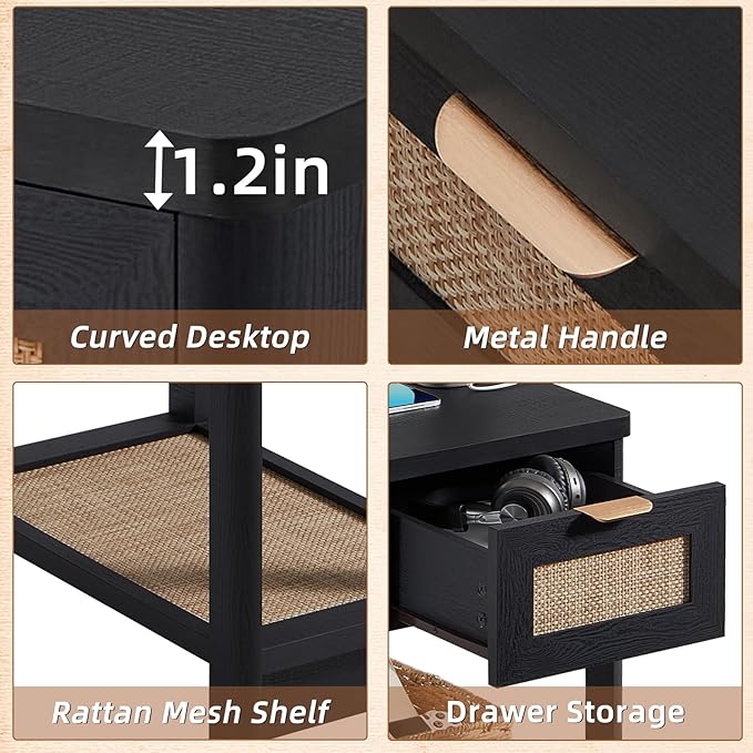 Lerliuo Narrow Night Stand Set of 2 with Charging Station, Boho Nightstand with Drawer, Bed Side End Table with Rattan Shelf for Small Spaces, Wood Nightstands Bedside Tables for Living Room Bedroom
