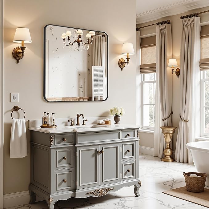 Bathroom Mirrors for Over Sink 36" x 36", Black Metal Frame Rounded Corner Rectangle Wall Mirror, Modern Farmhouse Vanity Mirror(Horizontal/Vertical)