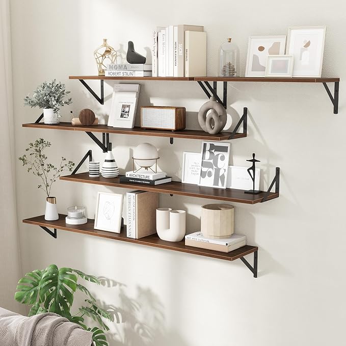 8" Deep Floating Shelves for Wall,16 inch Wood Wall Shelves Set of 2,Wide Floating Bookshelf with Sturdy Metal Brackets,Hanging Storage Floating Shelf for Living Room,Bedroom,Bathroom,Office,Walnut