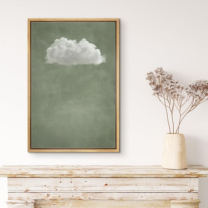 MUDECOR Framed Canvas Print Wall Art Minimalist Floating Cloud Modern Green Sky Illustrations Modern Art Minimal Relax for Living Room, Bedroom, Office - 16"x24" Natural