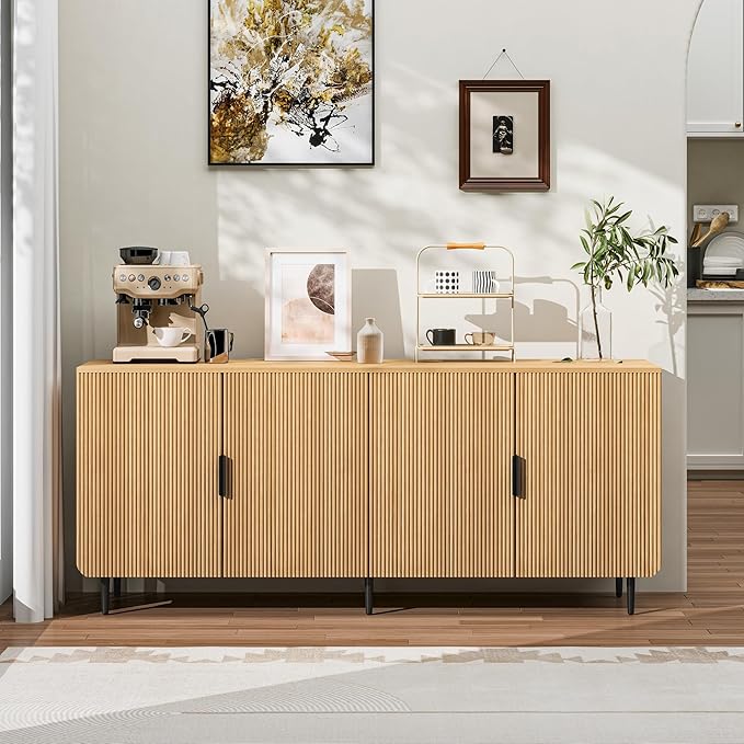65" Fluted Sideboard Buffet Cabinet with Storage, Console Cabinet with 4 Doors & Adjustable Shelves, Modern Buffet Table for Kitchen Dining Living Room Hallway‌ Entryway, Natural