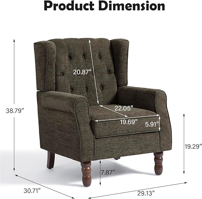 Pia Ricco High Back Floral Accent Chair - Retro Wingback Upholstered Armchair with Nailhead Trim, Solid Wood Legs, Fabric Living Room Bedroom Reading Chair (Taupe)