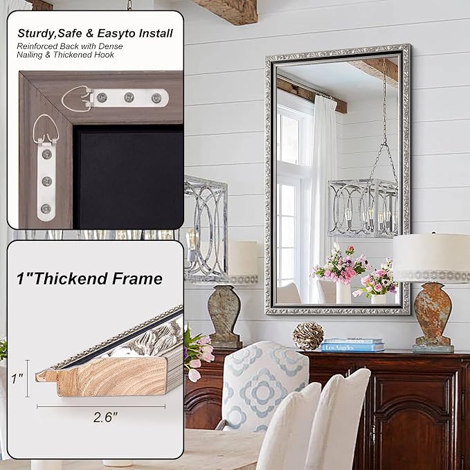 Vintage Large Decorative Mirror for Wall, 52'' x 28'' Antiuqe Dining Room Mirrors with Black Silver Carved Frame, Traditional Solid Wooden Mirror, Horizontal/Vertical