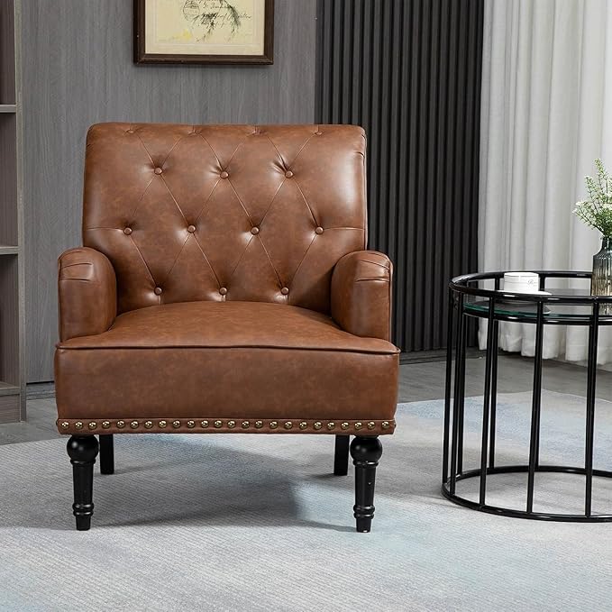 MOJAY Faux Leather Accent Chair Set of 2, Mid-Century Modern Living Room Chair Lounge Study Sofa Chair with Sturdy Wood Legs, Club Chair Armchair for Bedroom Home Study Reception (Brown)