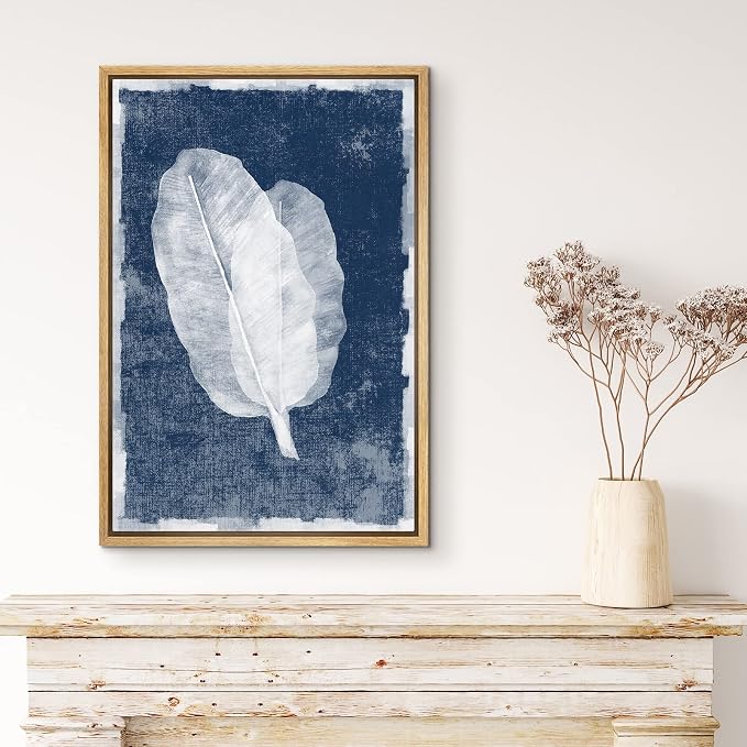 MUDECOR Framed Canvas Print Wall Art Faded White Transparent Leaves Nature Wilderness Illustrations Modern Art Nautical Relax/Calm Blue Ultra for Living Room, Bedroom, Office - 24"x36" Natural