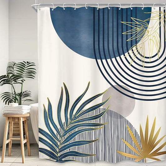 KOMLLEX Mid Century Boho Shower Curtain for Bathroom Decor 72Wx84H Inches Extra Long Navy Blue Gray Abstract Modern Sun Minimalist Leaves Neutral Fabric Waterproof Polyester 12 Pack Hooks Pack Hooks