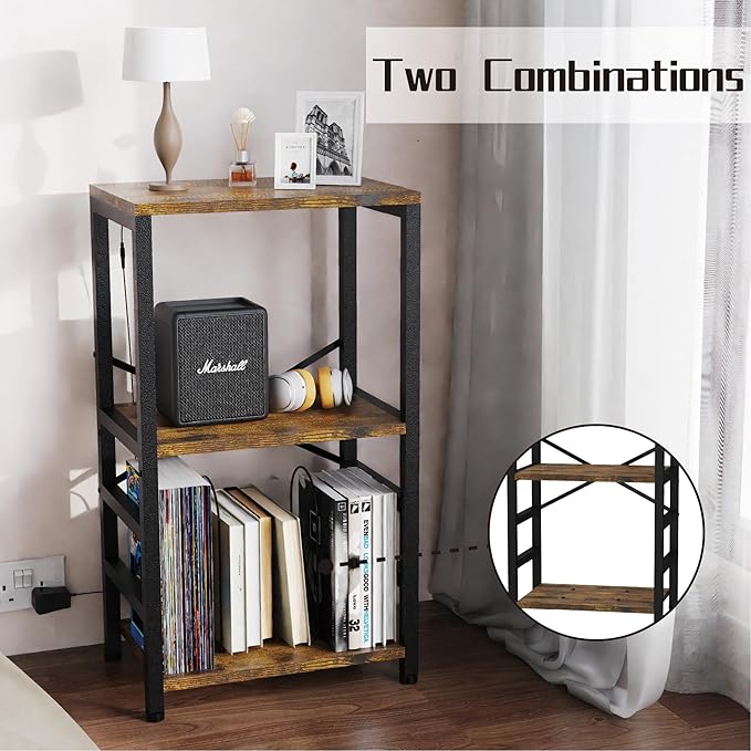 YAKANJ End Table with LED Light,Record Player Stand with Albums Storage,Vinyl Records Storage,Turntable Stand Side Table for Music Room Studio Living Room Bedroom-Retro