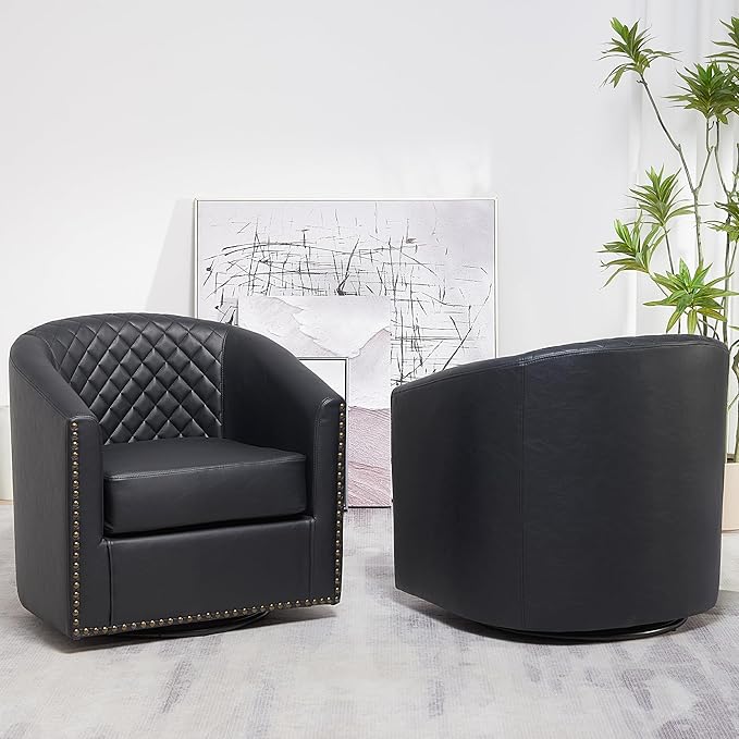 KINWELL 29" Wide Tufted Faux Leather Swivel Barrel Chair Set of 2, PU Leather Modern Upholstered Accent Chairs with Nailhead Trim, Small Armchair for Living Room Bedroom, Black