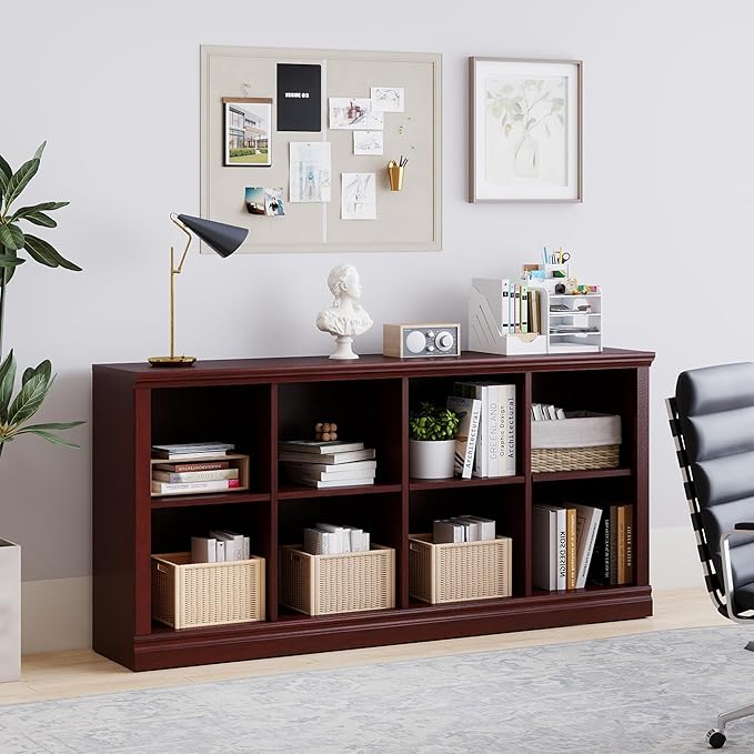 Bevfint 8 Cube Storage Organizer Bookcase - 2 Tiers 8 Storage Cube Adjustable Space Book Case, Display Cabinet Organizer, 54.7 inch Width Horizontal Bookshelf for Home Library Office, Mahogany