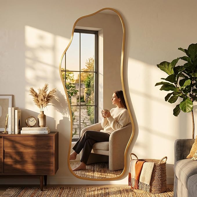 Mirror Full Length - Irregular Full Body Mirror Standing or Leaning or Wall Hanging 62.2"x 22.8" Asymmetrical Aviation Aluminum Alloy Frame Unique for Bedroom, Living Room, Cloakroom, Entryway
