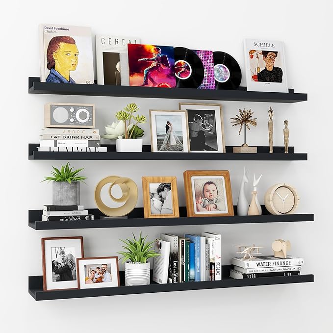 Axeman Picture Ledge Shelf | 36 Inch Black Floating Shelves Set of 4 | Rustic Wood Wall Shelves with Lip | 36" Black Picture Shelves for Wall with Ledge | Photo Shelves