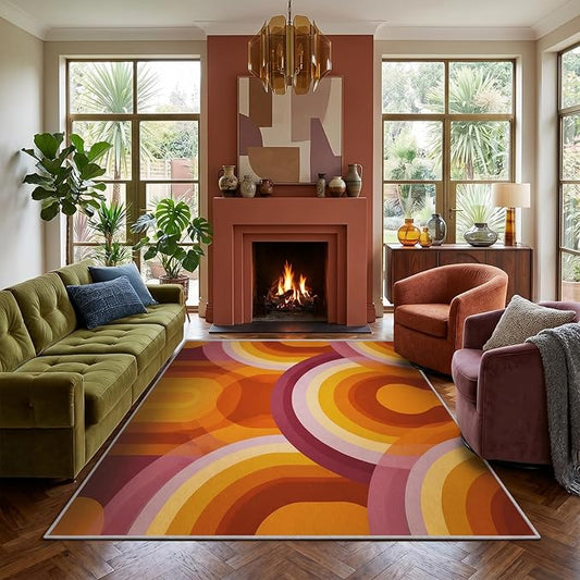 Retro Halo Area Rug 3x4, Mid Century Rainbow Arch Rug, Retro Abstract Carpet for Living Room Bedroom, Soft Non Slip Washable Rug
