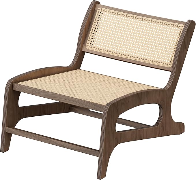 Chogori Mid Century Modern Wooden Lounge Chair Armless Rattan Accent Chair Lightweight Boho Style Seating Comfortable Single Chair for Living Room, Bedroom, or Patio (Walnut, Set of 1)