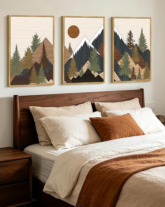 KUVIOKE Morden Mountains Framed Wall Art Boho Pine Tree Forest Nature Landscape Artwork Bohemain Farmhouse Rustic Bedroom Living Room Decor 24x36in (Natural Framed)