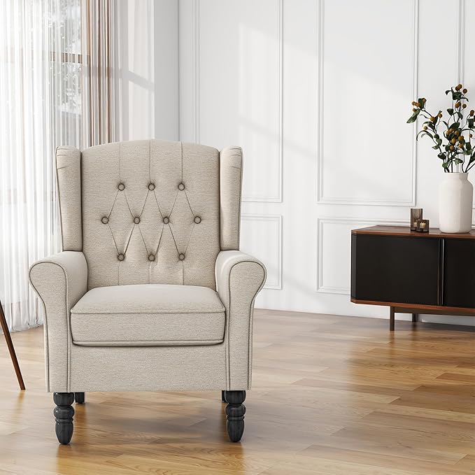 High Back Accent Chair, Fabric Upholstered Armchair Wingback Chair for Living Room, Comfy Single Sofa Bedroom Reading Seat with Solid Wood Legs - Beige