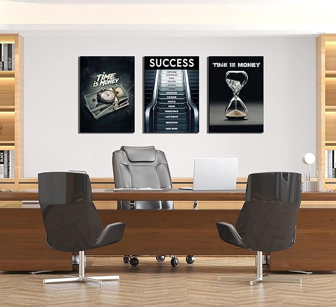 3Pcs Framed Time Is Money Canvas Wall Art Office Wall Decor Inspirational Quotes Pictures Paintings Path to Success Posters Prints of man cave Living Room Bedroom Office Decor Ready to Hang