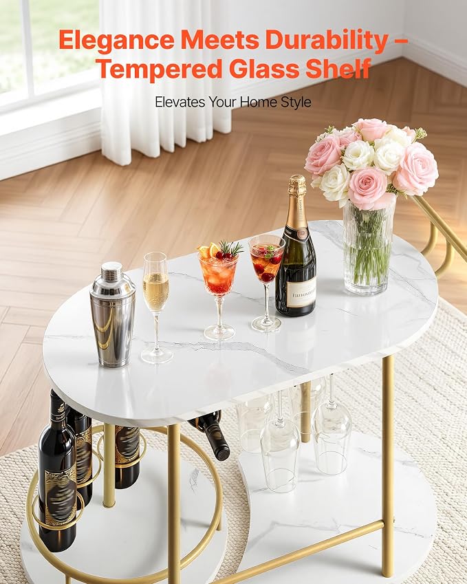 VEVOR Bar Cart, 3 Tiers Home Kitchen Serving Carts, Modern Round Rolling Utility Station on Wheels, Mobile Drink Beverage Trolley w/Wooden Shelf, Wine Rack, Glass Holder, for Living Dining Room, Gold