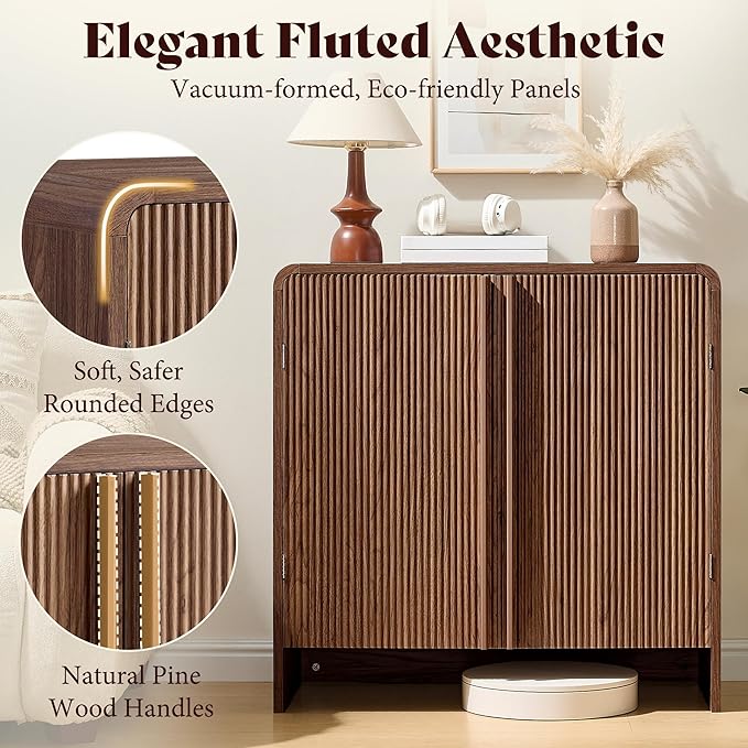 AMERLIFE 3-Piece Fluted Buffet Cabinet with Storage, Modern Sideboard Cabinet with Doors & Adjustable Shelf, Console Table & Credenza for Living Room, Kitchen & Entryway, Brown