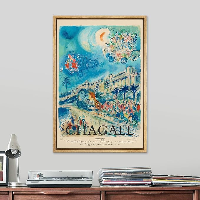 SIGNLEADER Framed Canvas Print Wall Art Chagall Crescent Moon Pastel Floral Landscape Classic Vintage Illustrations Fine Art Decorative Multicolor for Living Room, Bedroom, Office - 24"x36" NATURAL