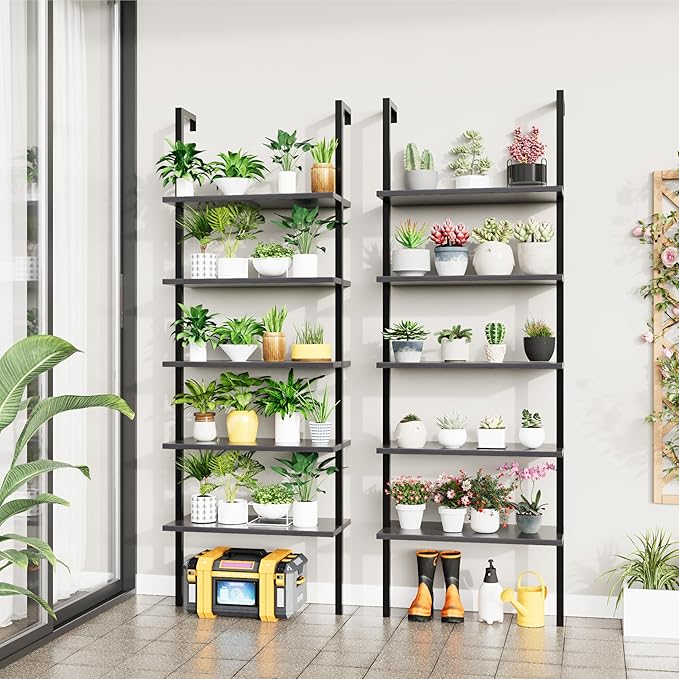 Furmax 5-Tier Bookshelf, Wall Mount Ladder Shelf with Wood Board and Industrial Metal Frame, for Home Office, Living Room, Bedroom, Entryway and Hallway, (2, Black)