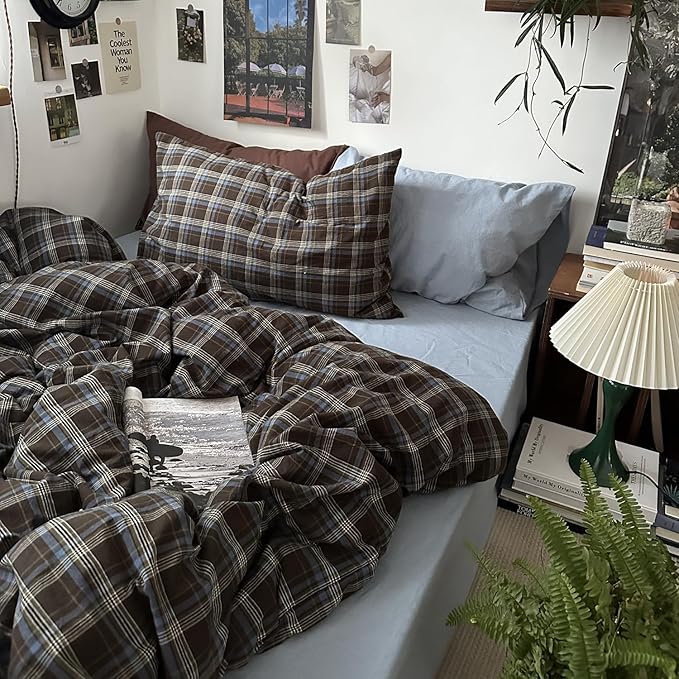 mixinni Vintage Buffalo Plaid Duvet Cover Set California King, 3 Piece Washed Cotton Bedding Set with Grid Pattern, Soft & Breathable Duvet Cover with Pillowcases for All Seasons,(Brown & Blue,Beige)