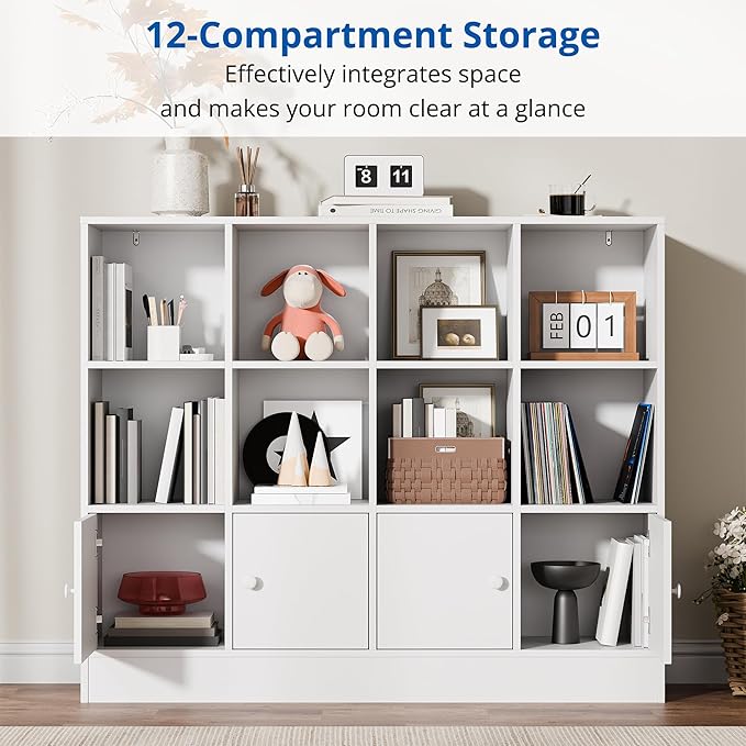 Cozy Castle White Wood Bookcase, 12 Cube Display Shelf with 4 Doors, 3 Tier Open Bookshelf with Adjustable Shelves for Living Room, Home Office, Entryway