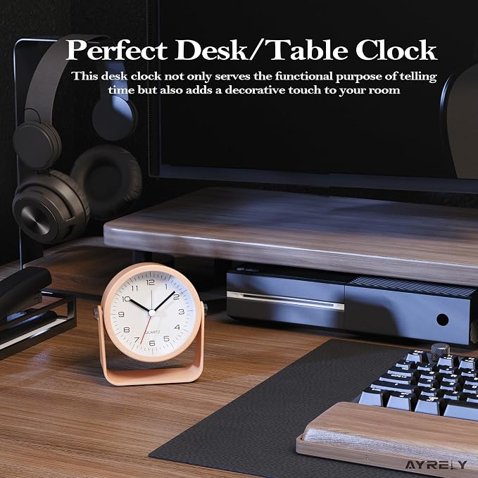 AYRELY® 3.5 Inch Small Analog Alarm Clocks,Battery Operated Desk Clock,Cute Table Clock with Light，Adjustable Angle for Travel,Bedside,Bedroom,Kids,Living Room Decor (Pink)