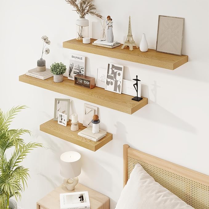 32in Floating Shelves for Wall, 32"W x 9.25"D x 1.25"H, 2 Pack Long Wall Mounted Engineered Wood Shelves with Invisible Brackets for Living Room, Bedroom, Bathroom, Kitchen Decor and Storage, Oak