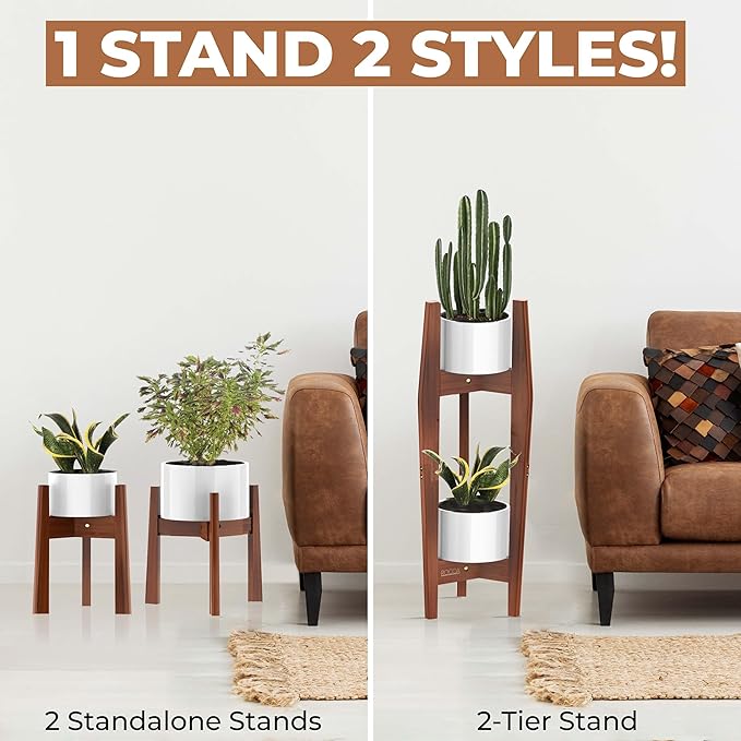 ROCCA 2-Tier Tall Plant Stand Indoor – Adjustable Bamboo Plant Stand (8–12”), Wooden Corner Pedestal for Multiple Pots, Modern Space-Saving Design