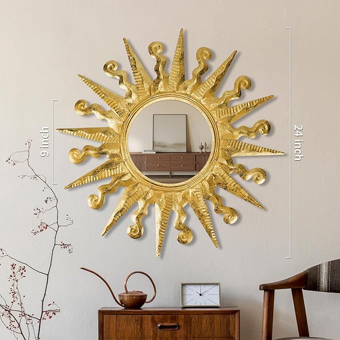 Golden Sun Wall Mirror Decorative 24 inch Metal Frame Mirror Sunburst Boho Mirror for Entryway Bedroom Living Room Bathroom House Warming Gifts New Home Essential