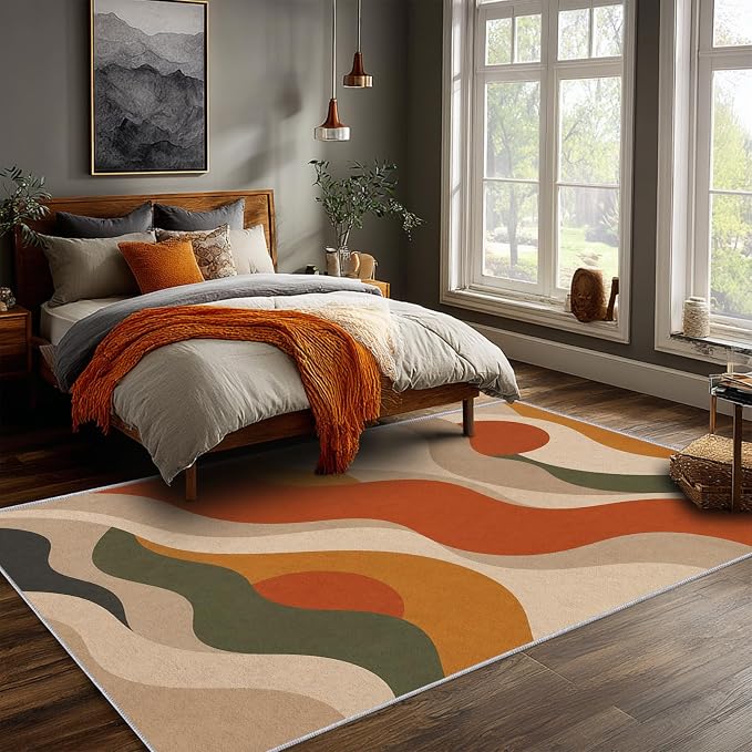Burnt Orange Abstract Area Rug 4x5, Mid Century Modern Wave Rug, Retro Wavy Geometric Washable Low Pile Non Slip Rug for Living Room Bedroom