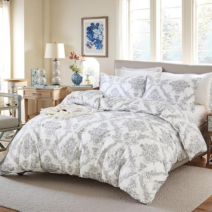 100% Cotton Duvet Cover Set King Size – Elegant Damask Print, Soft & Breathable Bedding with Zipper and Corner Ties, 3-Piece Reversible Comforter Cover Set
