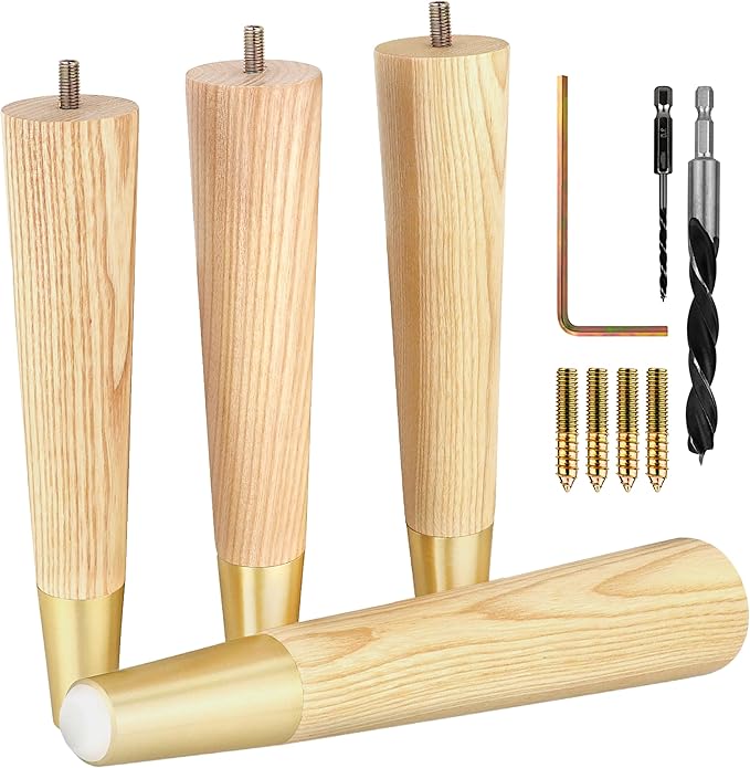 Premium Ash Wood Furniture Legs with Gold Caps (Full Install Kit) - Pick Your Size and Color