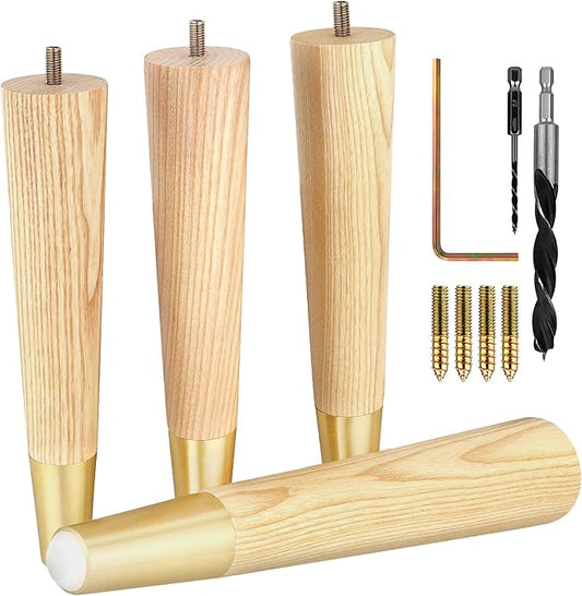 Premium Ash Wood Furniture Legs with Gold Caps (Full Install Kit) - Pick Your Size and Color