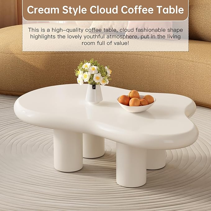 46.06" White Large Cloud Coffee Table, Modern Round Edge Coffee Table with 4 Sturdy Support Legs and 2.67" Thick Tabletop,Easy Match for Living Room, Bedroom, Balcony,Patio
