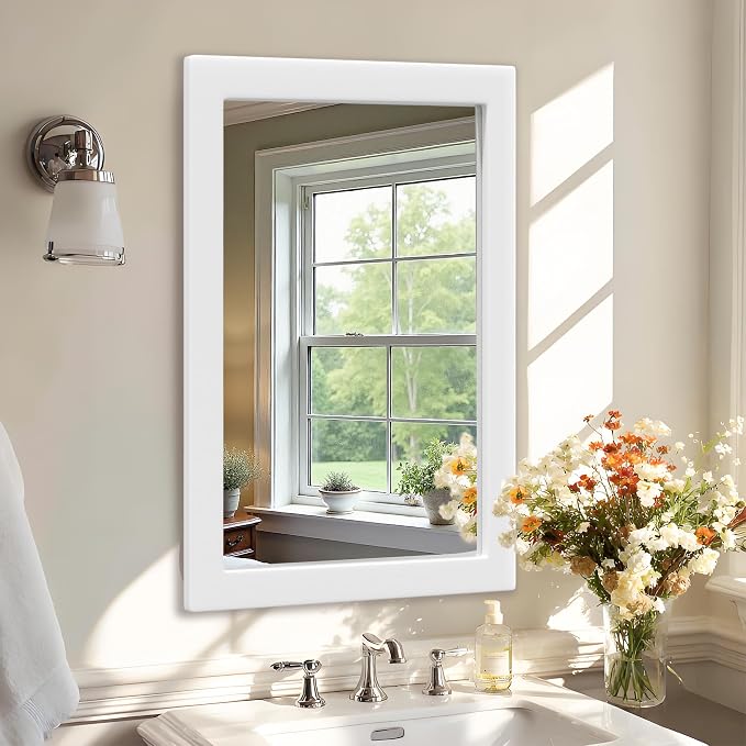 40''x30'' Rustic Wall Mirror for Bathroom White Wood Frame, Classic Rectangle Mirror Farmhouse Vanity Wall Mirror Decor Living Room, Bedroom, Entryway
