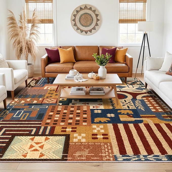 Southwestern Area Rugs for Living Room, 6x9 Boho Tribal Geometric Colorful Patchwork Carpet, Washable Non Slip Low Pile Indoor Rug for Bedroom Dining Room Office Home Hardwood Floor