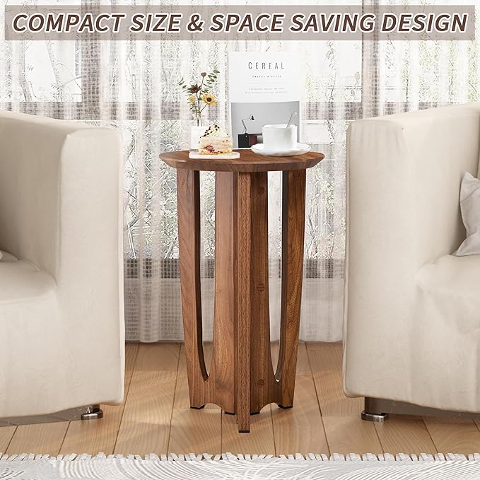Side Table Set of 2,Mid Century Modern Narrow Round End Table with Curved Legs, Small Side Tables for Living Room, Bedroom (Walnut)