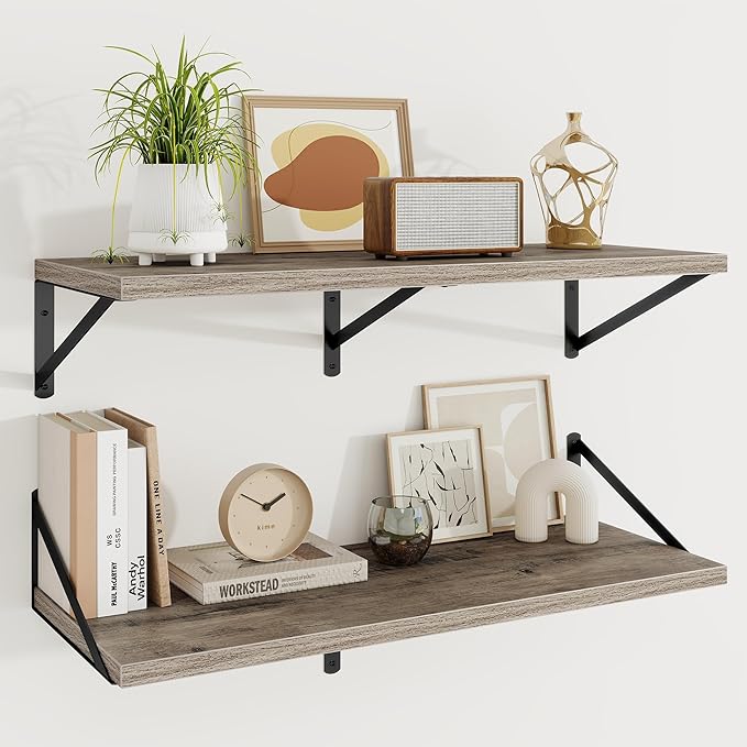 Floating Shelves, 12 Inch Deep Rustic Wood Wall Storage, 36W x 12D Wall Shelves Set of 2, Heavy Duty Metal Brackets, Large Industrial Book Shelf for Living Room, Kitchen, Bedroom, Grey