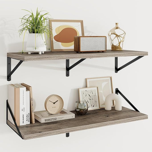 Floating Shelves, 12 Inch Deep Rustic Wood Wall Storage, 36W x 12D Wall Shelves Set of 2, Heavy Duty Metal Brackets, Large Industrial Book Shelf for Living Room, Kitchen, Bedroom, Grey