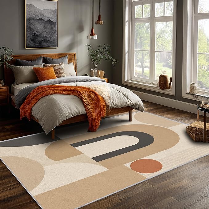 Mid Century Area Rug 8x10, Home Decor | Neutral Cream Black Geo Arc, Abstract Geometric Rug for Living Room, Bedroom, Home Office, Non Slip, Washable, Low Pile
