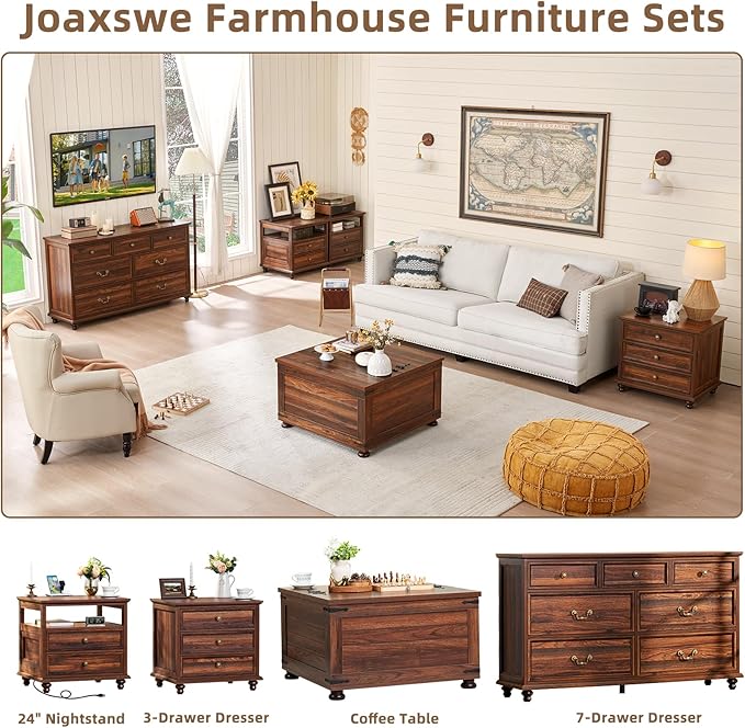 Farmhouse 7 Drawers Dresser Sets of 2 for Bedroom, Brown 54 Inch Wide Chest of Drawers w/ 4 Wooden Legs, Large Vintage Rustic Closet Dressers for Living Room, Wood TV Stand