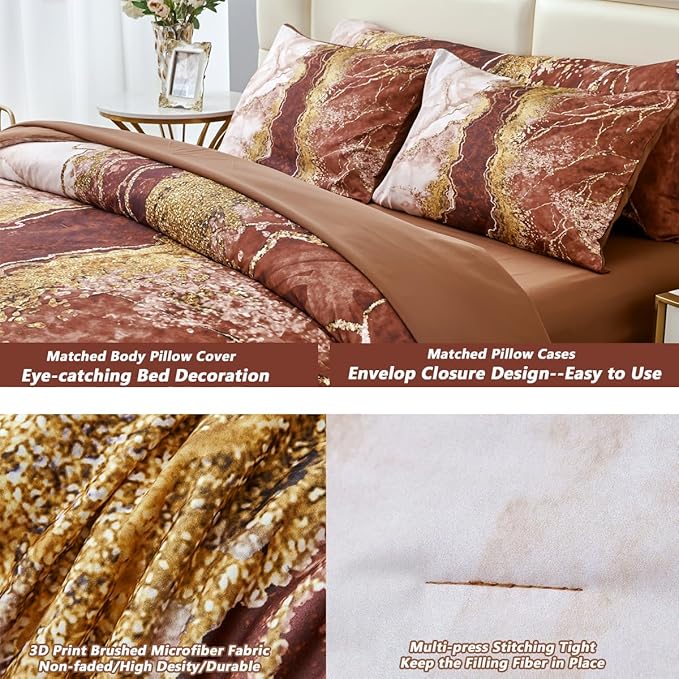 PERFEMET 6 Pcs Marble Comforter Set California King Watercolor Tie Dye Printing Bedding with Sheets Abstract Artwork Brown and Gold Bed in A Bag Complete Set(Coffee Brown, Cal King)