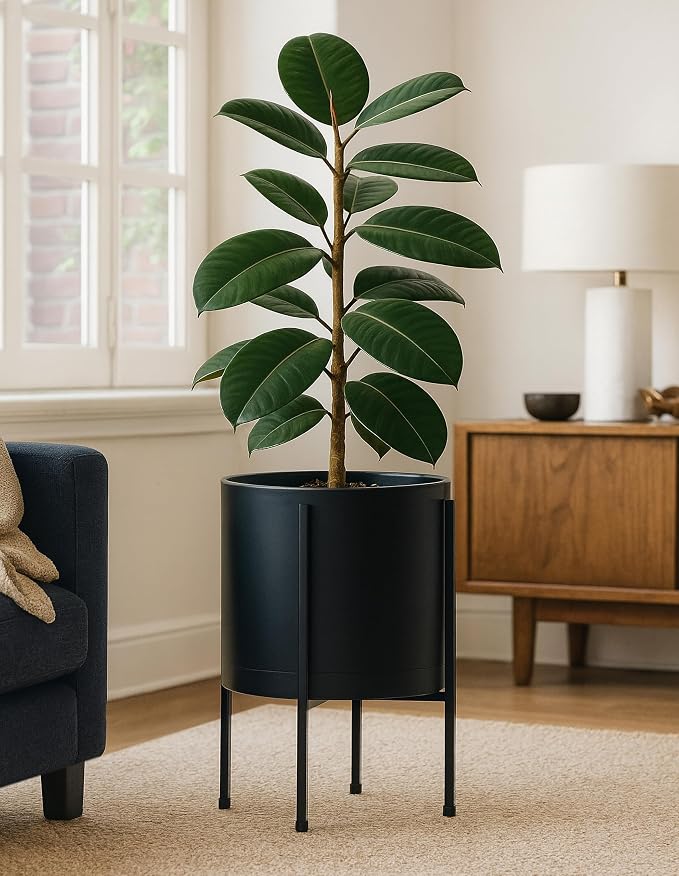 D'vine Dev 12 Inch Black Planter Pot with Stand – Modern Plastic Cylinder Flower Pot with Heavy-Duty Metal Stand for Indoor Plants, 55-D-B-3
