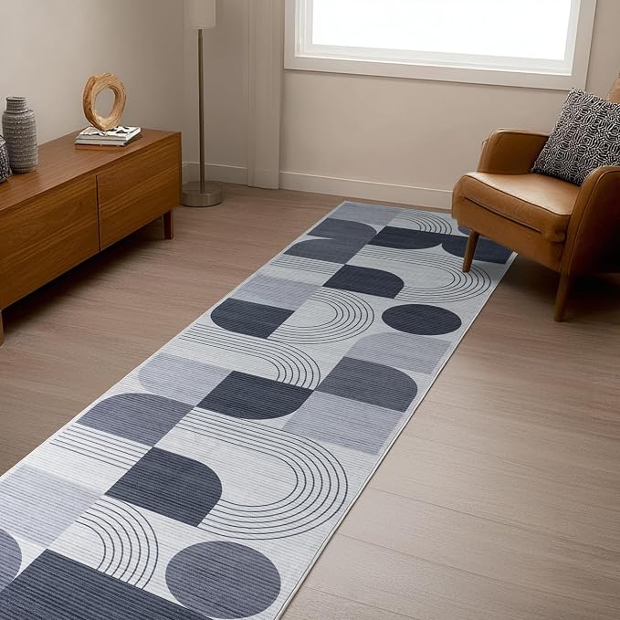 Machine Washable 2x6 Runner Rug, Soft Modern Geometric Abstract Grey Rugs for Bedroom Living Room, Non-Shedding Faux Wool Indoor Throw Floor Carpet for Office Entryway Dining Room Decor