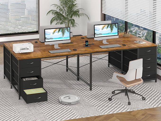 YOMILUVE 95'' Two Person Desk with 8 Drawers, Long Office Desk with Charging Station, 2 Person Desks Double Desk Writing Study Table for Home Office, Brown and White, Brown and Black