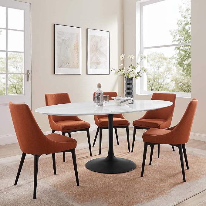 Modway Lippa 78" Oval-Shaped Mid-Century Modern Dining Table with White Wood Top and Black Base