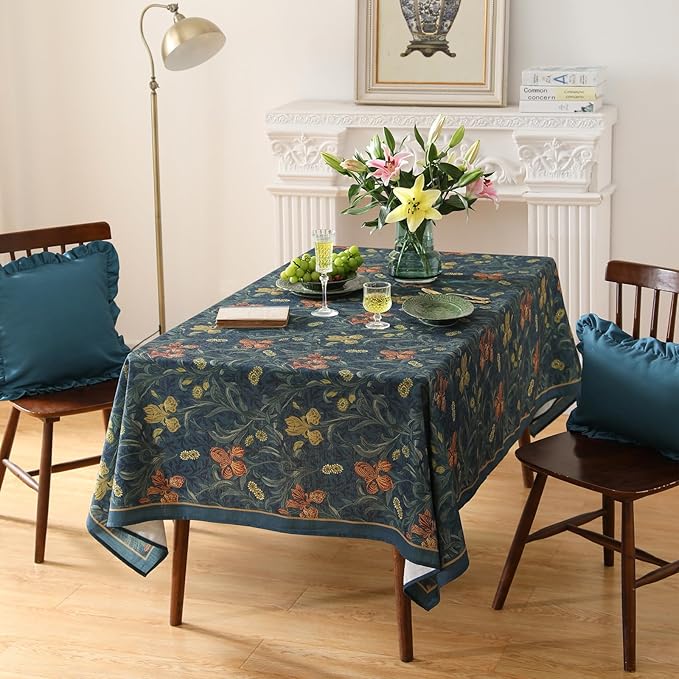 patdrea Designer Vintage Dark Blue Linen Square Tablecloth,French Rustic Floral Pattern Tablecloths,Decorative Table Cover Cloth for Kitchen,Dining,Tea Party,Home,Christmas,55"*55"